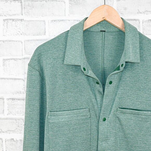 Lululemon Men's Soft knit Overshirt snap button in Heathered Everglade Green L - Picture 6 of 8
